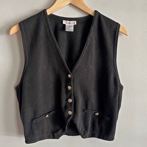 Vintage Talbots Black Knit Vest Gold Buttons Minimalist Preppy Classic
